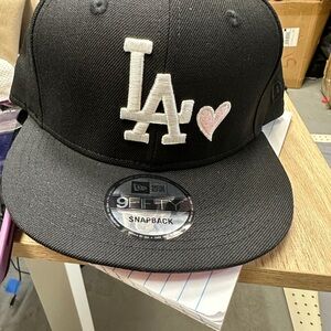 New Era Black Cap with White Logo and Pink Heart